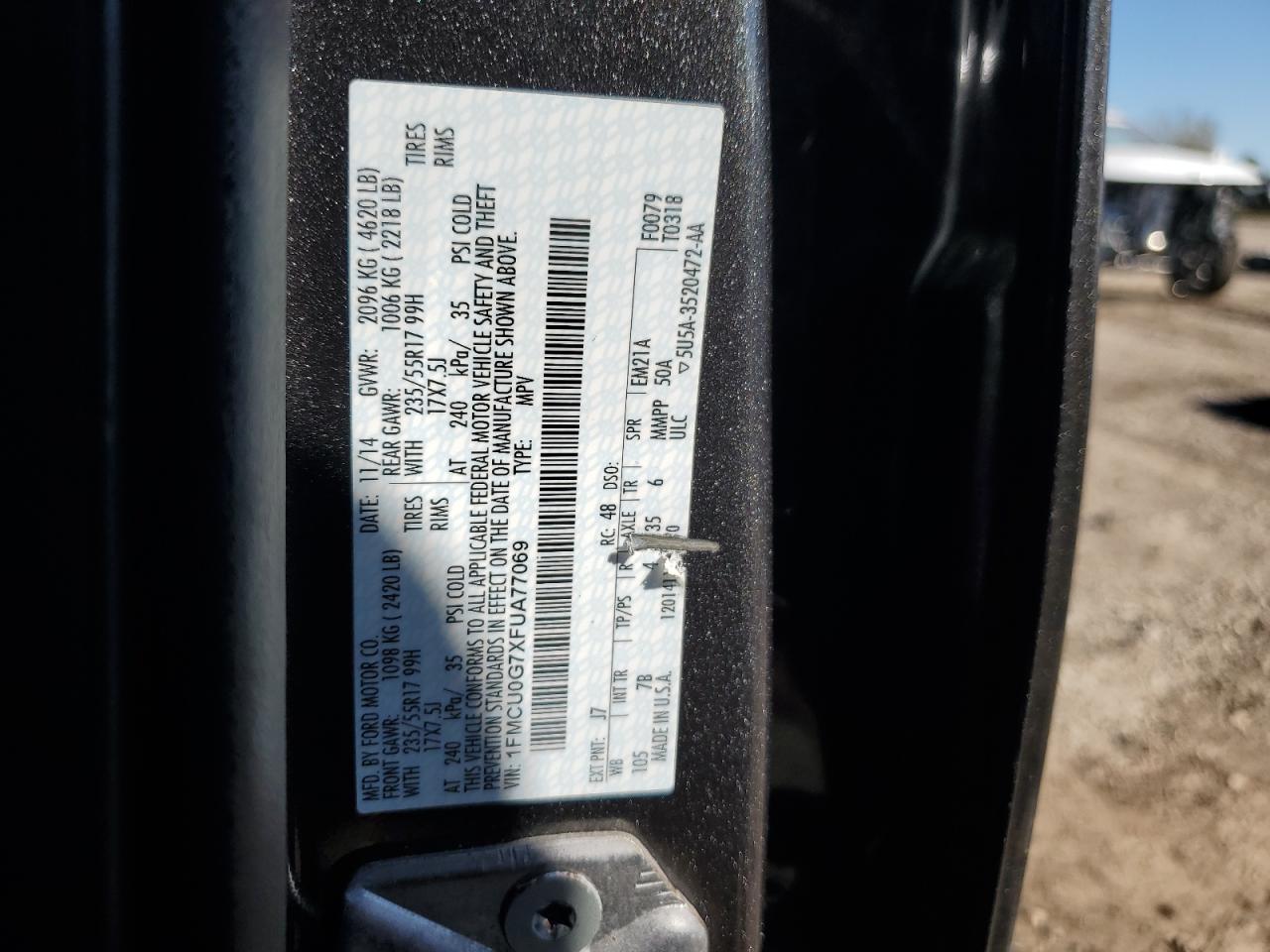 2015 Ford Escape VIN 1FMCU0G7XFUA77069 Copart auction photo, all over damage thumbnail 12