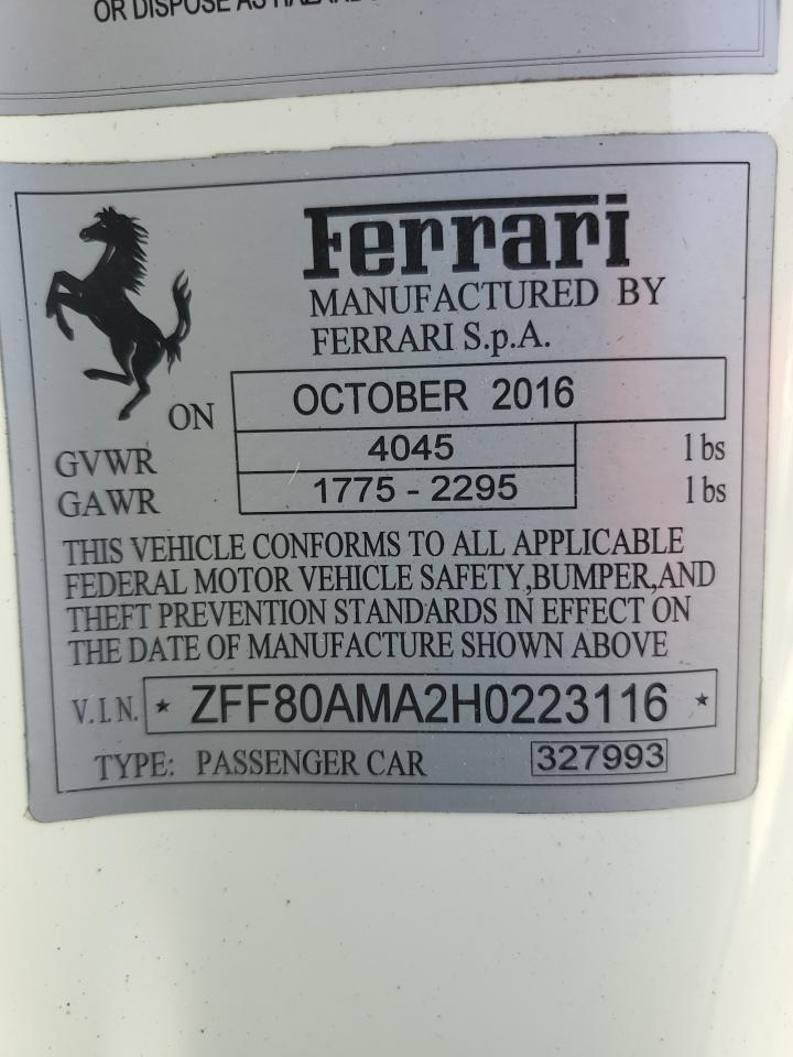2017 Ferrari 488 VIN ZFF80AMA2H0223116 Copart auction photo, front end / rear end damage thumbnail 14