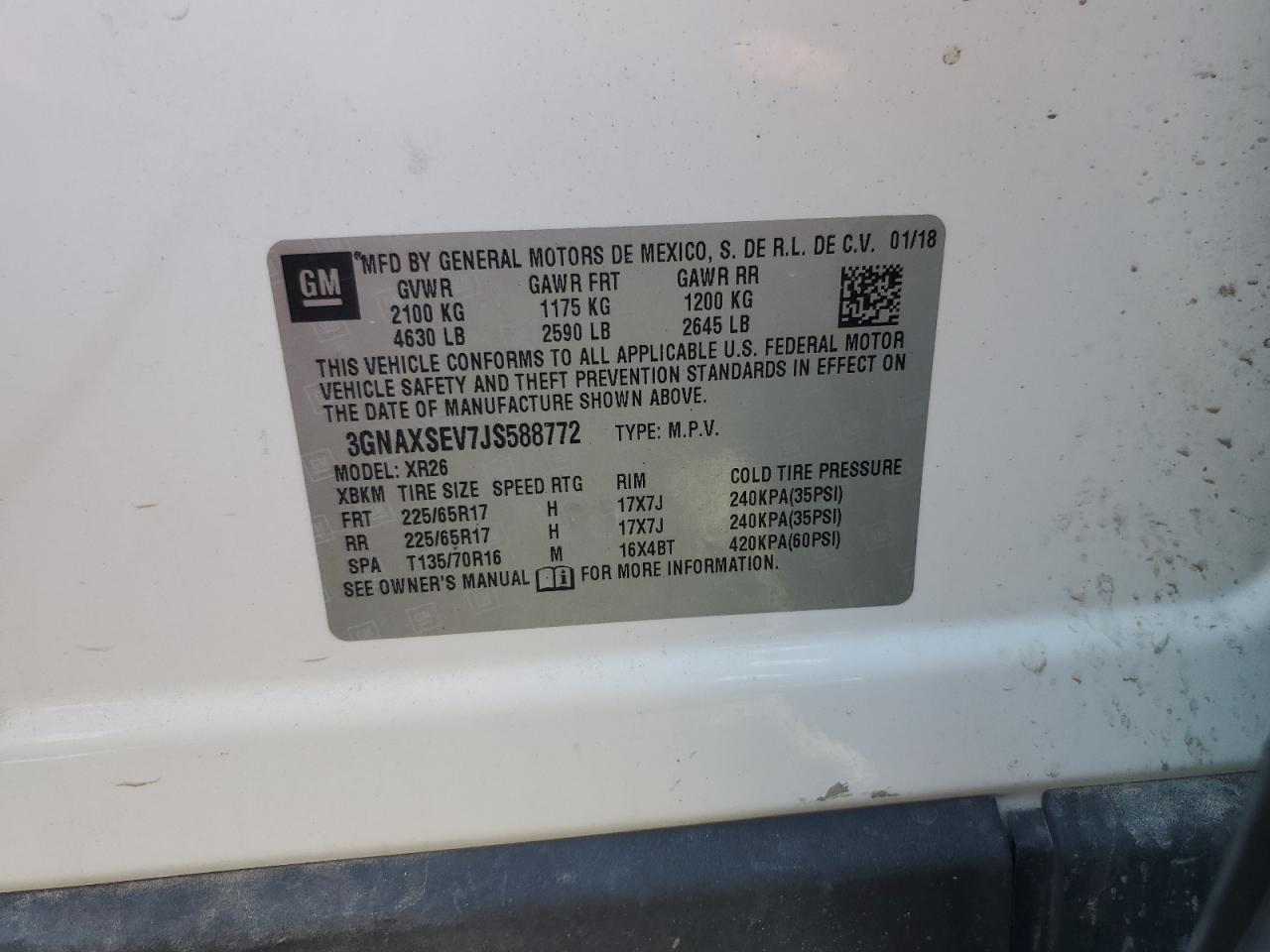 2018 Chevrolet Equinox VIN 3GNAXSEV7JS588772 Copart auction photo, front end / minor dent/scratches damage thumbnail 15