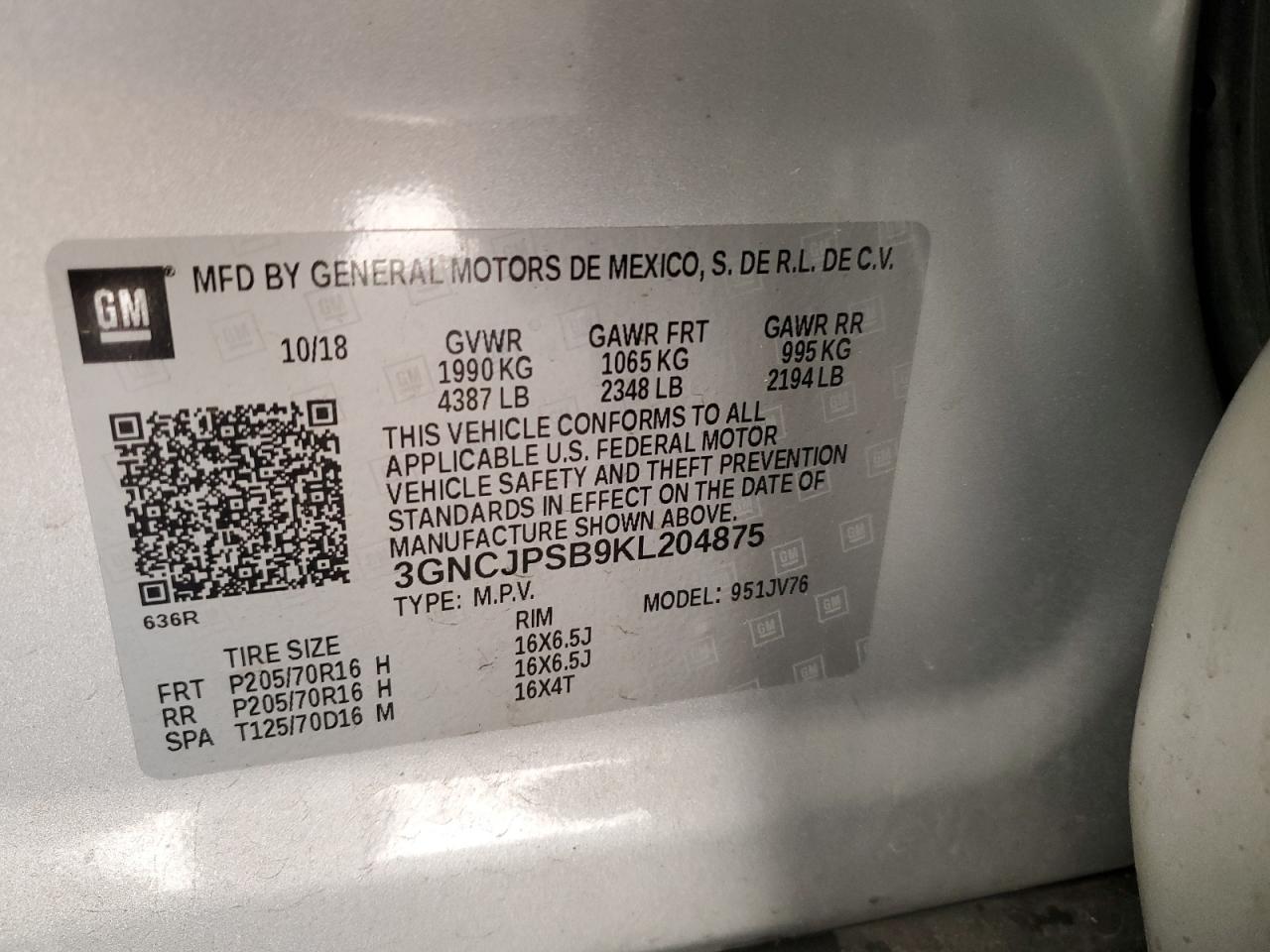 2019 Chevrolet Trax VIN 3GNCJPSB9KL204875 Copart auction photo, front end / side damage thumbnail 14