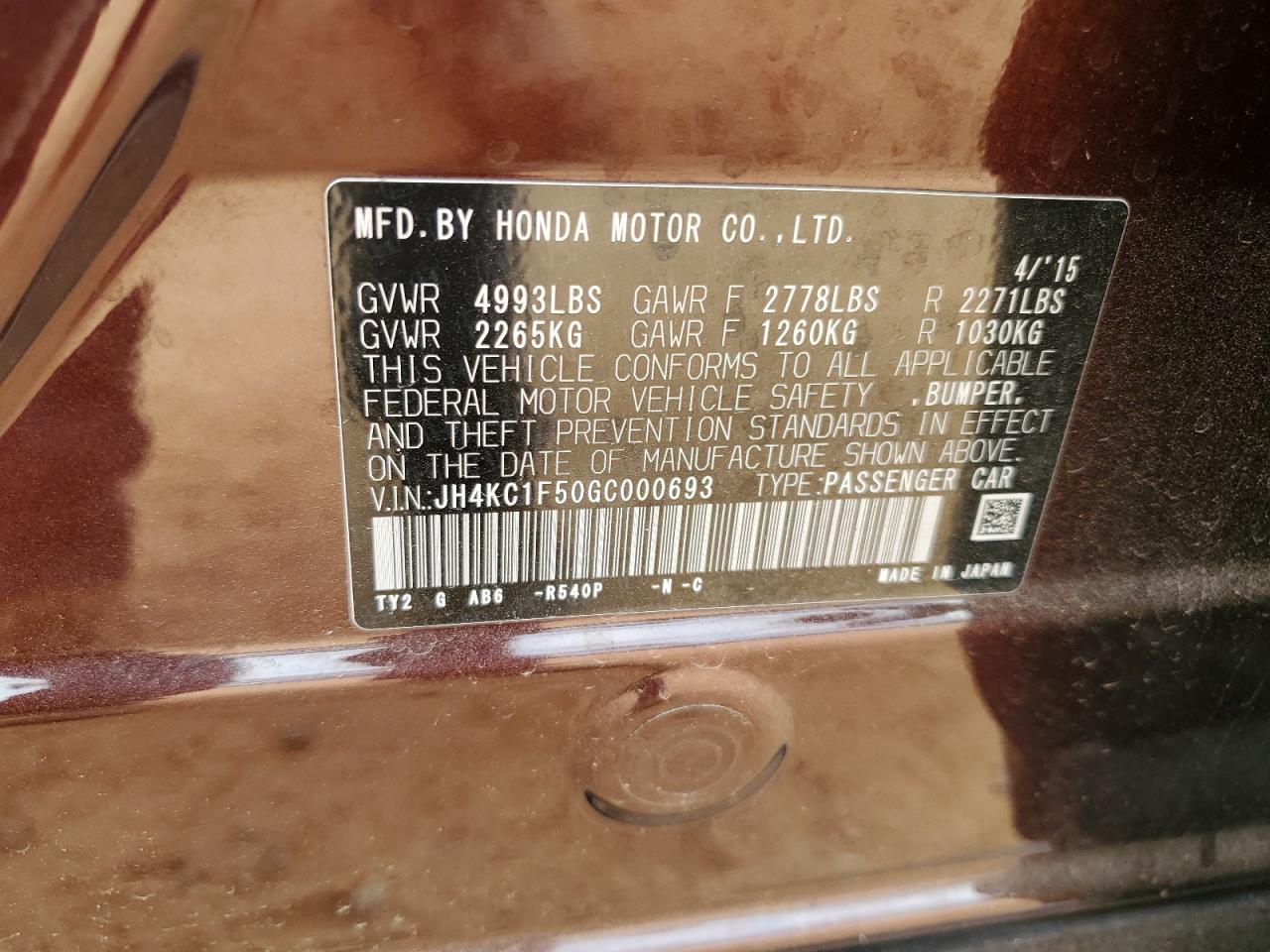 2016 Acura RLX VIN JH4KC1F50GC000693 Copart auction photo, front end damage thumbnail 14