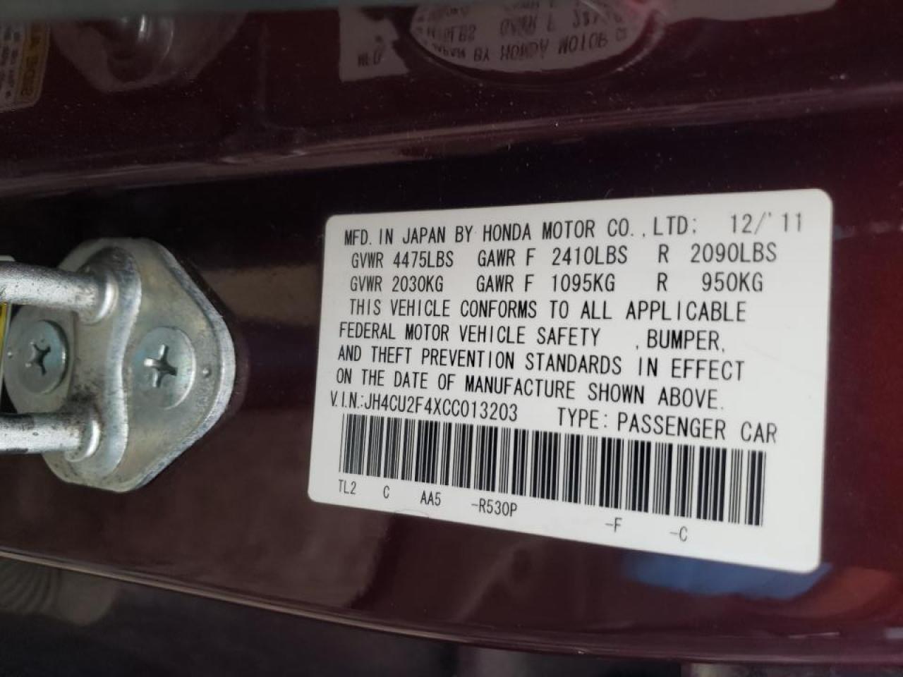 2012 Acura TSX VIN JH4CU2F4XCC013203 Copart auction photo, front end / minor dent/scratches damage thumbnail 12