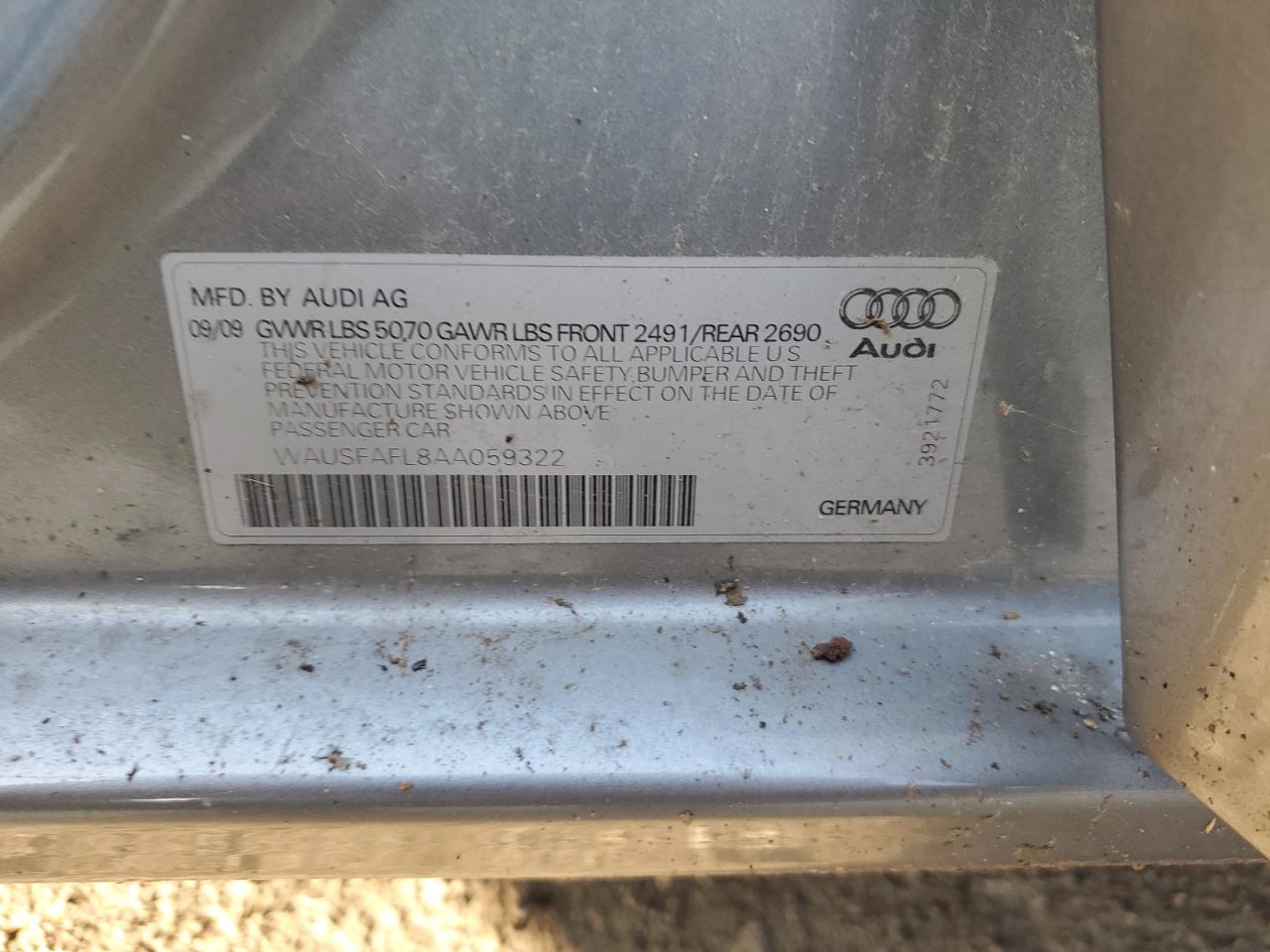 2010 Audi A4 VIN WAUSFAFL8AA059322 Copart auction photo, side damage thumbnail 12