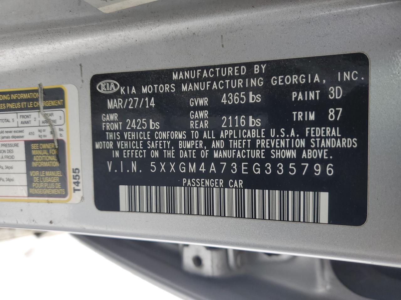 2014 KIA Optima VIN 5XXGM4A73EG335796 Copart auction photo, front end damage thumbnail 12