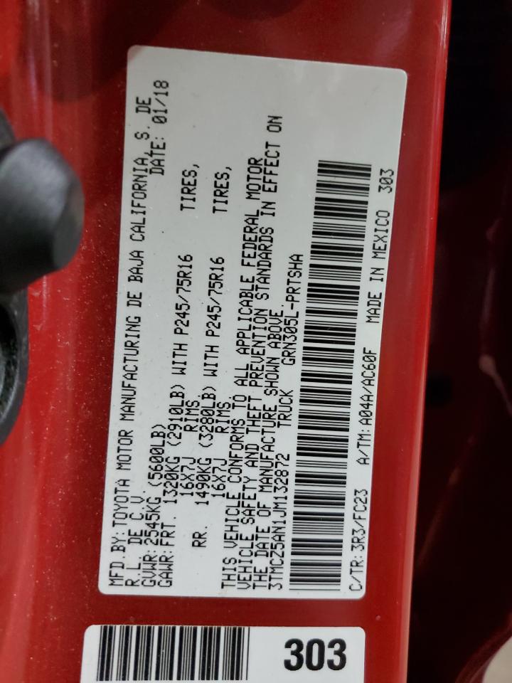 2018 Toyota Tacoma VIN 3TMCZ5AN1JM132872 Copart auction photo, front end / side damage thumbnail 13