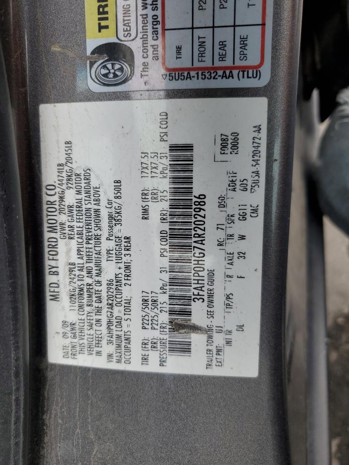 2010 Ford Fusion VIN 3FAHP0HG7AR202986 Copart auction photo, rear end damage thumbnail 12