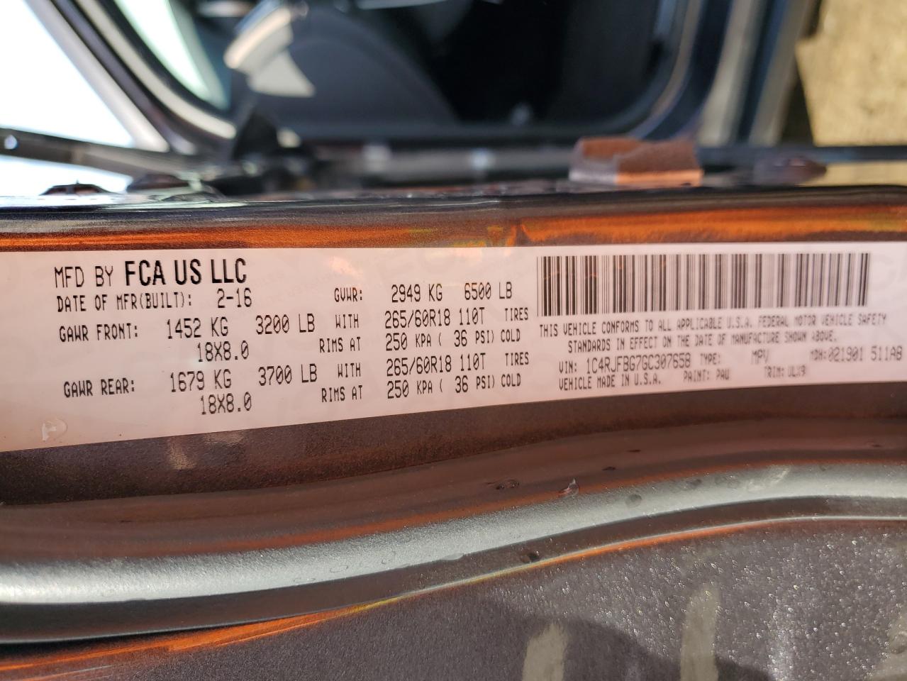 2016 Jeep Grand Cherokee VIN 1C4RJFBG7GC307658 Copart auction photo, front end / side damage thumbnail 14