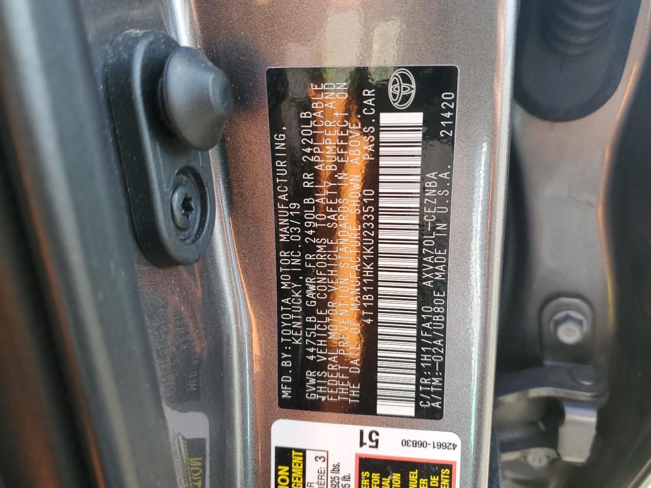 2019 Toyota Camry VIN 4T1B11HK1KU233510 Copart auction photo, front end damage thumbnail 14