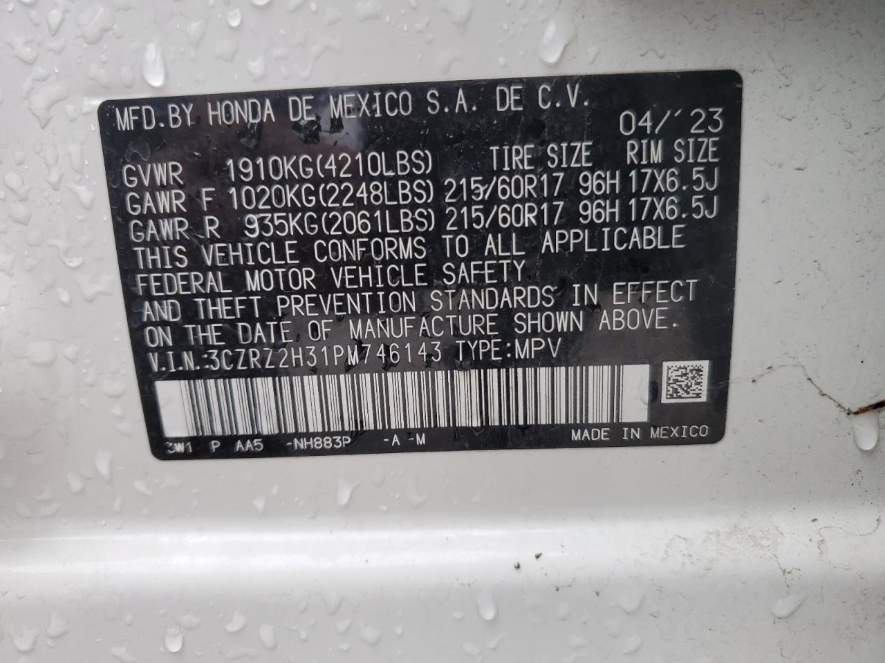 2023 Honda HR-V VIN 3CZRZ2H31PM746143 Copart auction photo, front end damage thumbnail 14