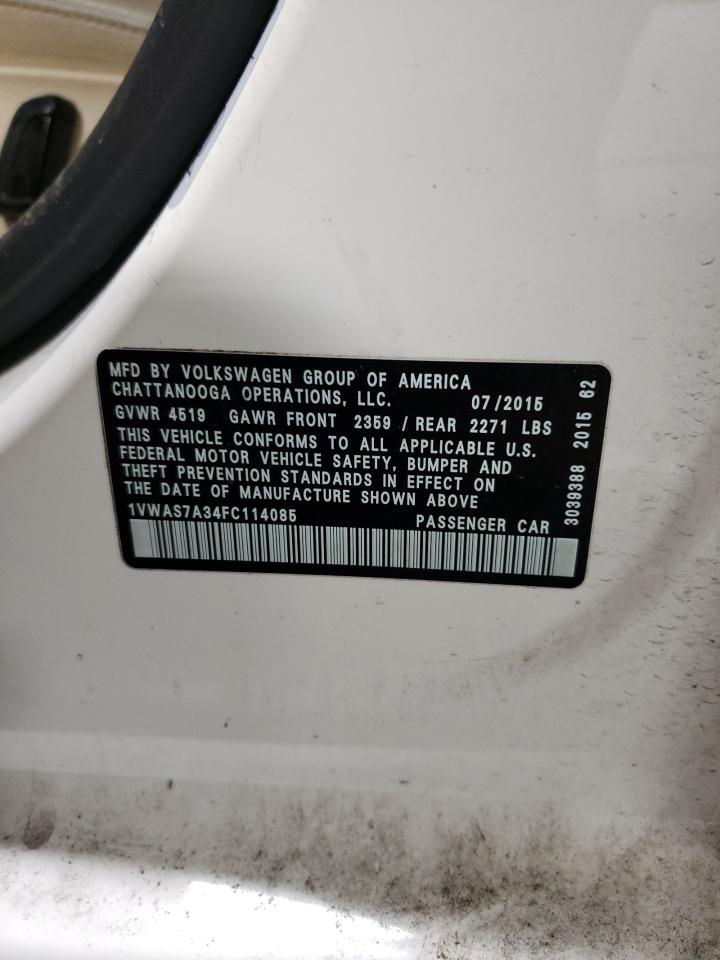 2015 Volkswagen Passat VIN 1VWAS7A34FC114085 Copart auction photo, front end damage thumbnail 12