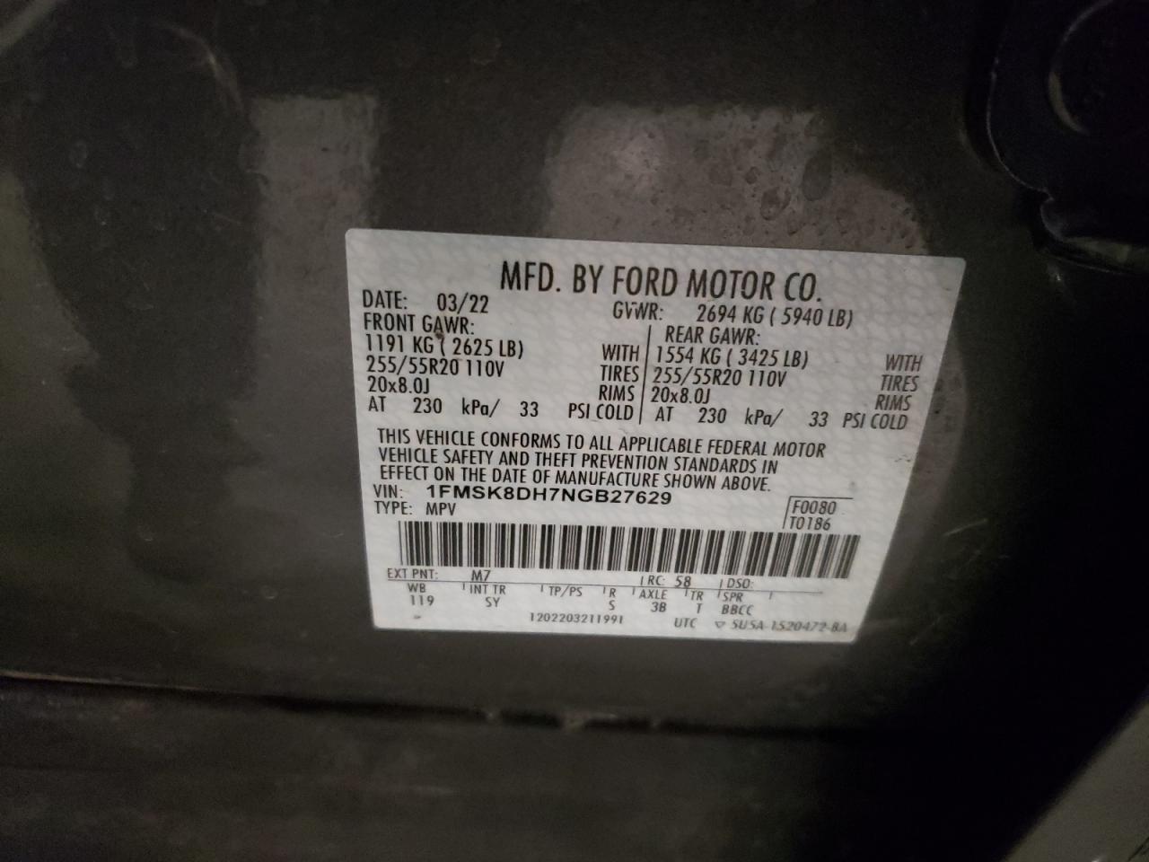 2022 Ford Explorer VIN 1FMSK8DH7NGB27629 Copart auction photo, side / front end damage thumbnail 13