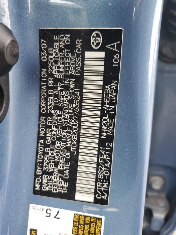 2007 Toyota Prius VIN JTDKB20U277635241 Copart auction photo, front end damage thumbnail 12