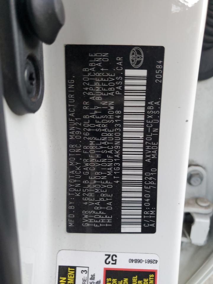 2022 Toyota Camry VIN 4T1G31AK9NU033148 Copart auction photo, front end damage thumbnail 12