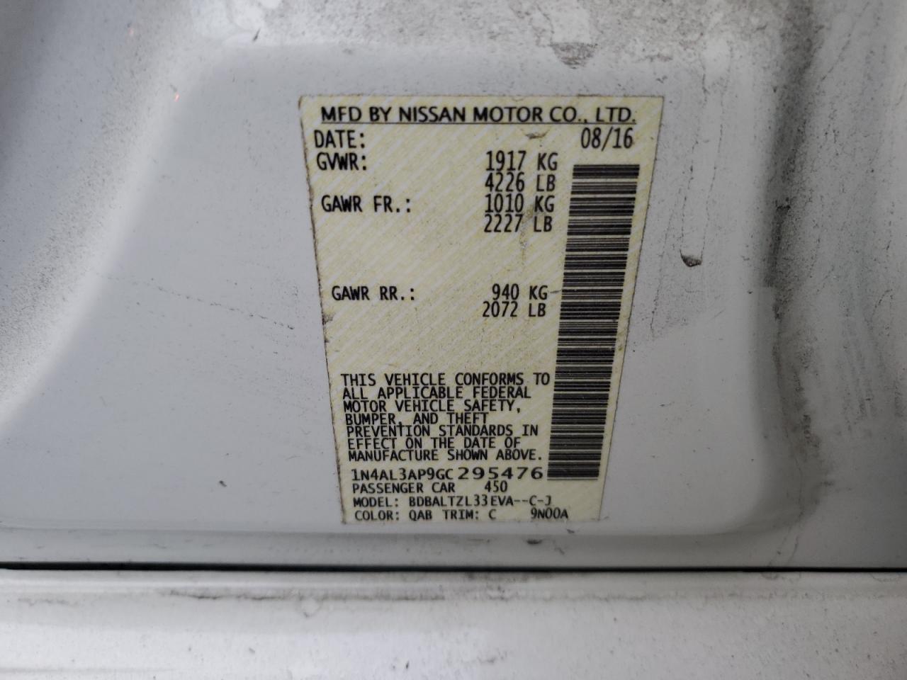 2016 Nissan Altima VIN 1N4AL3AP9GC295476 Copart auction photo, side / front end damage thumbnail 12