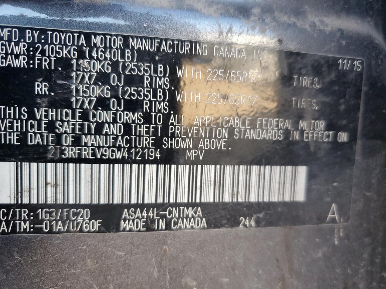 2016 Toyota RAV 4 VIN 2T3RFREV9GW412194 Copart auction photo, front end / minor dent/scratches damage thumbnail 13