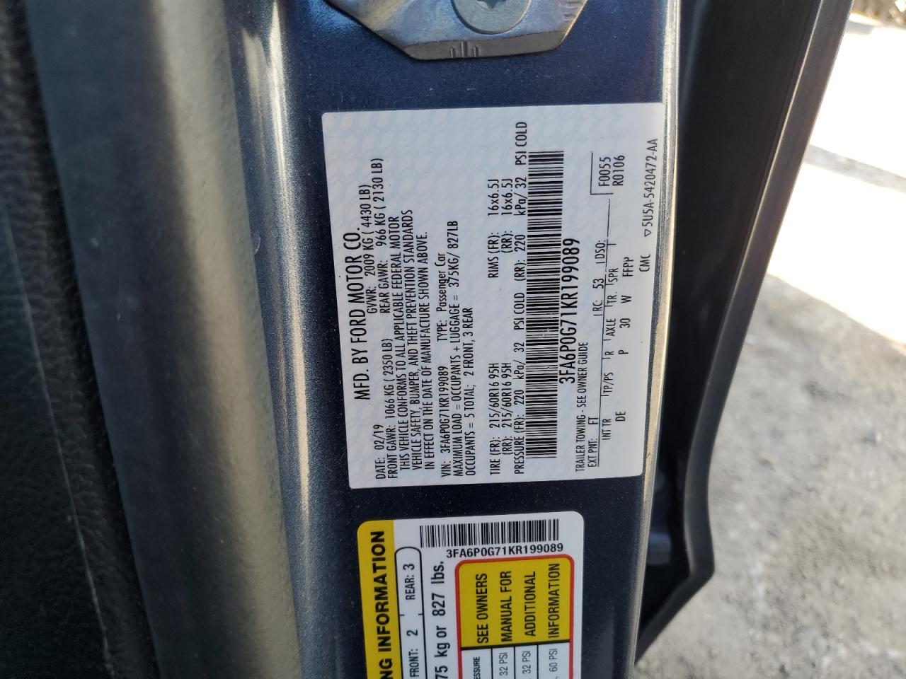 2019 Ford Fusion VIN 3FA6P0G71KR199089 Copart auction photo, rear end / side damage thumbnail 15