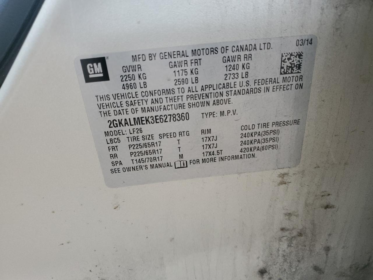 2014 GMC Terrain VIN 2GKALMEK3E6278360 Copart auction photo, rear end / minor dent/scratches damage thumbnail 15