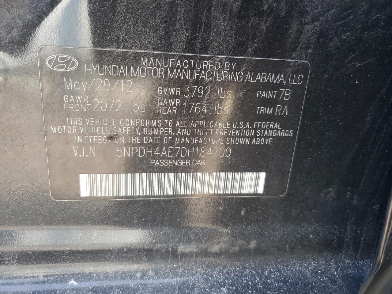 2013 Hyundai Elantra VIN 5NPDH4AE7DH184700 Copart auction photo, normal wear / mechanical damage thumbnail 12