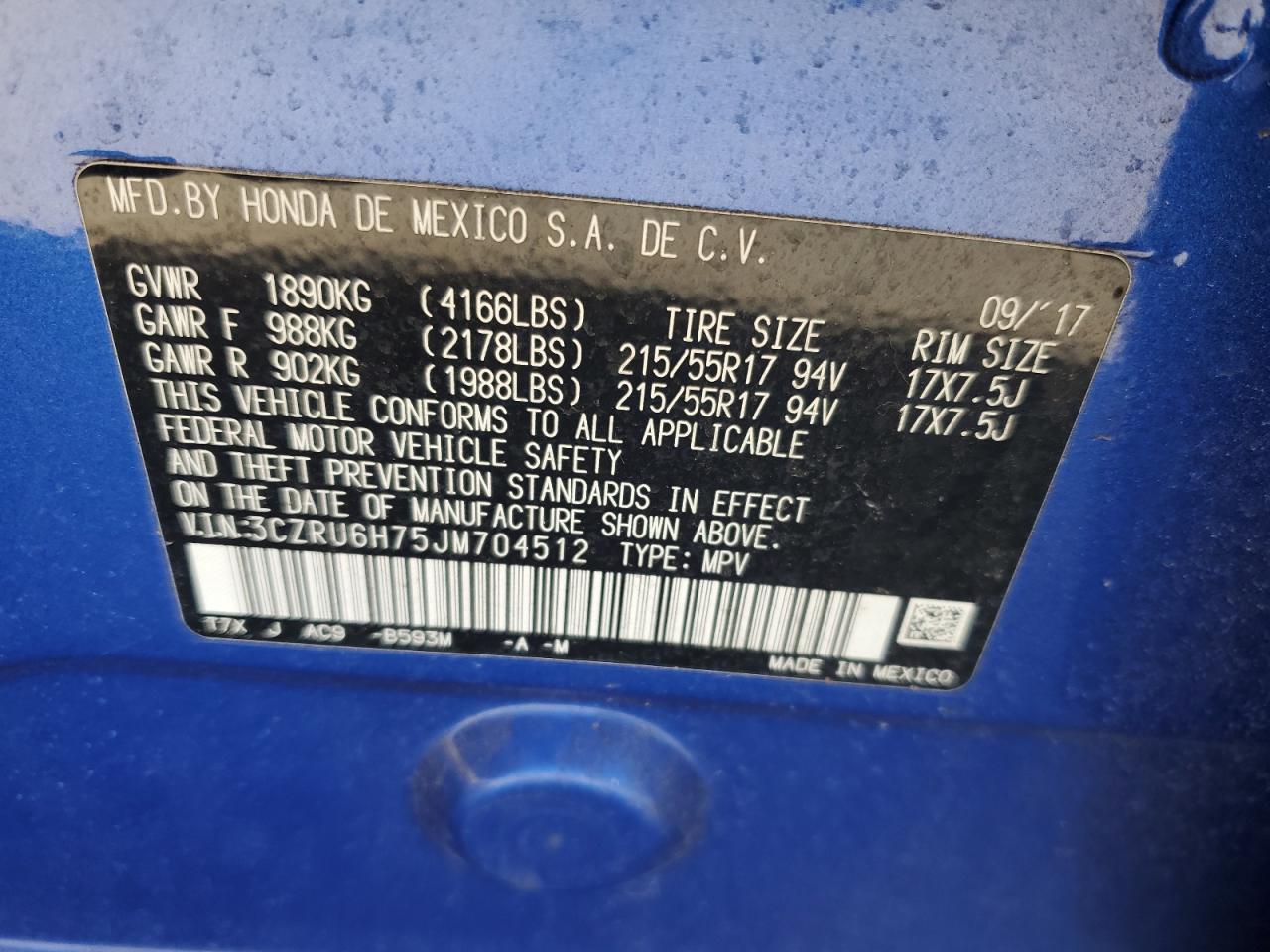 2018 Honda HR-V VIN 3CZRU6H75JM704512 Copart auction photo, front end / side damage thumbnail 13
