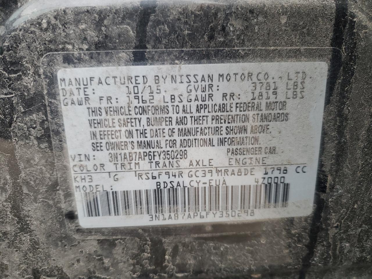 2015 Nissan Sentra VIN 3N1AB7AP6FY350298 Copart auction photo, front end / side damage thumbnail 15