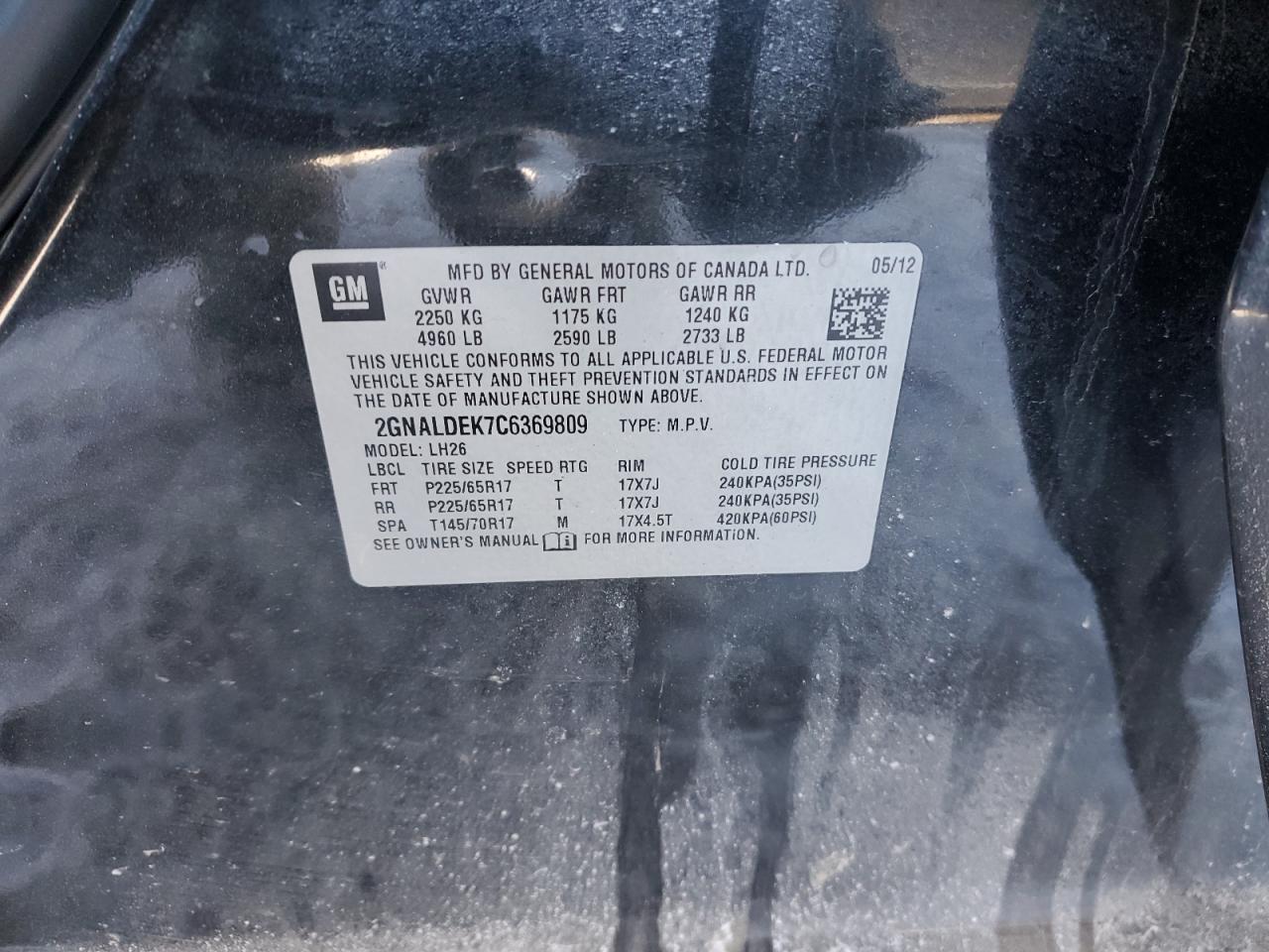 2012 Chevrolet Equinox VIN 2GNALDEK7C6369809 Copart auction photo, front end damage thumbnail 14