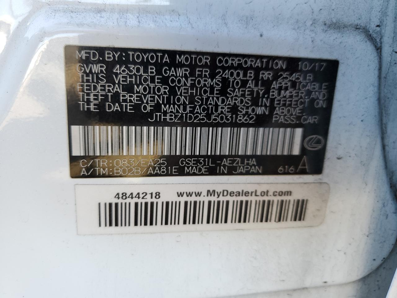 2018 Lexus IS VIN JTHBZ1D25J5031862 Copart auction photo, rear end damage thumbnail 13