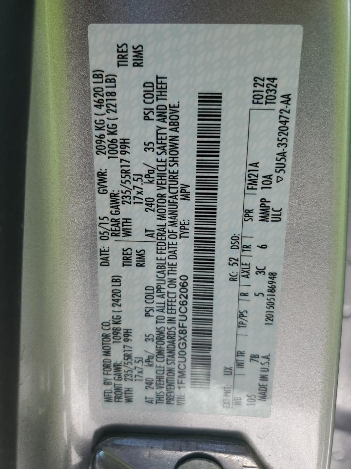 2015 Ford Escape VIN 1FMCU0GX8FUC62060 Copart auction photo, front end damage thumbnail 14