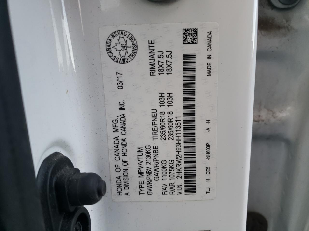 2017 Honda CR-V VIN 2HKRW2H93HH113511 Copart auction photo, side / rear end damage thumbnail 13