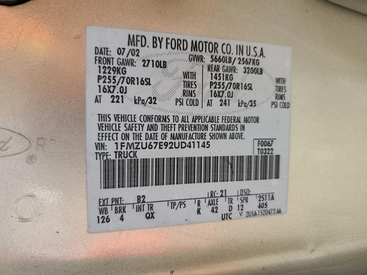 2002 Ford Explorer VIN 1FMZU67E92UD41145 Copart auction photo, front end damage thumbnail 12