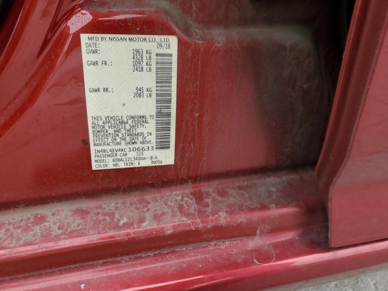 2019 Nissan Altima VIN 1N4BL4EV4KC106633 Copart auction photo, front end damage thumbnail 12