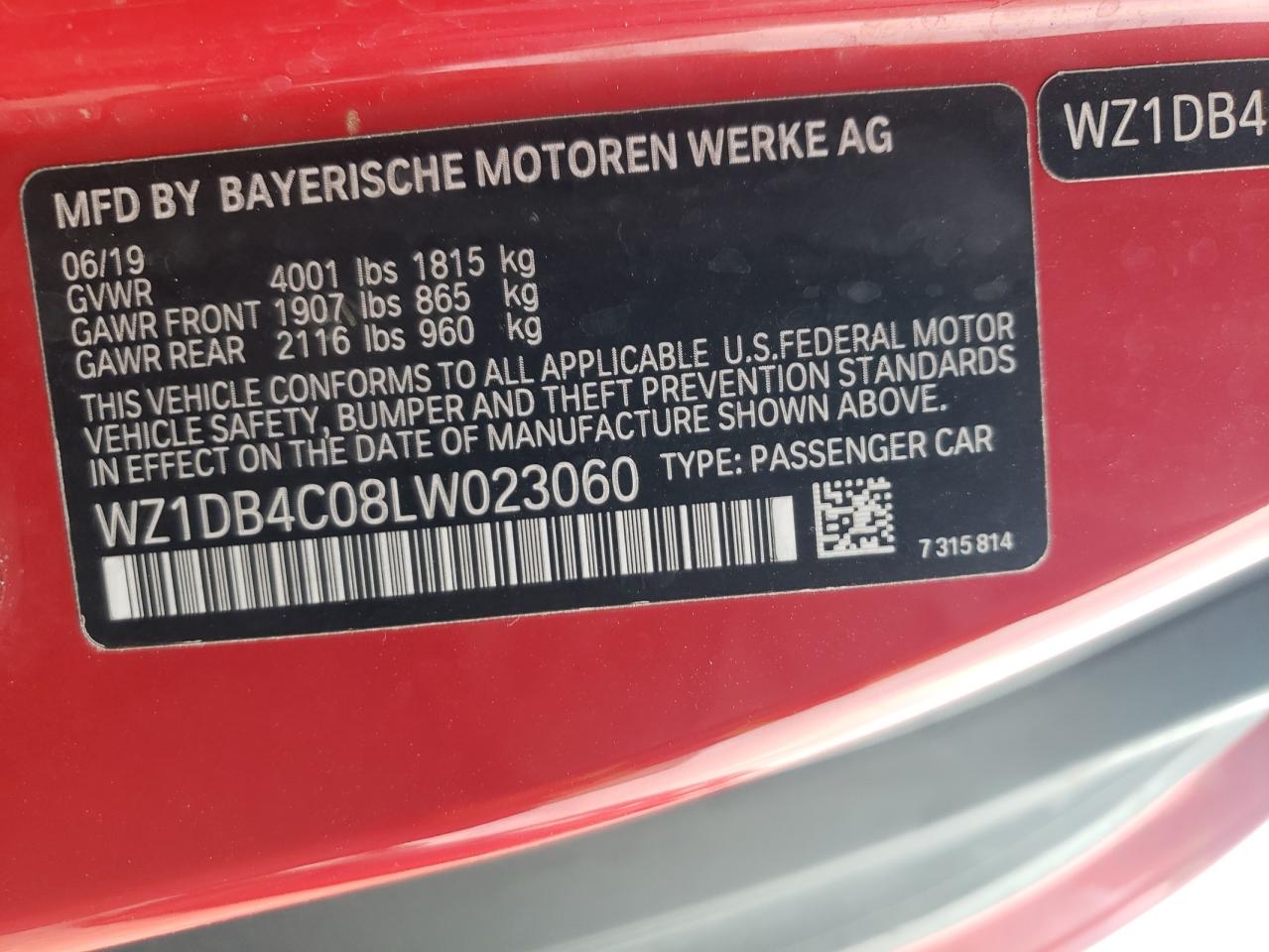 2020 Toyota Supra VIN WZ1DB4C08LW023060 Copart auction photo, front end / rear end damage thumbnail 13