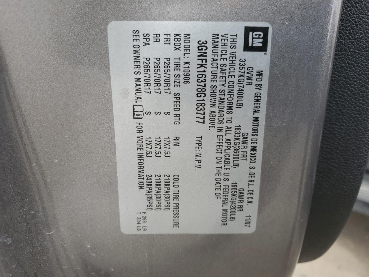 2008 Chevrolet Suburban VIN 3GNFK16378G183777 Copart auction photo, rear end / side damage thumbnail 15
