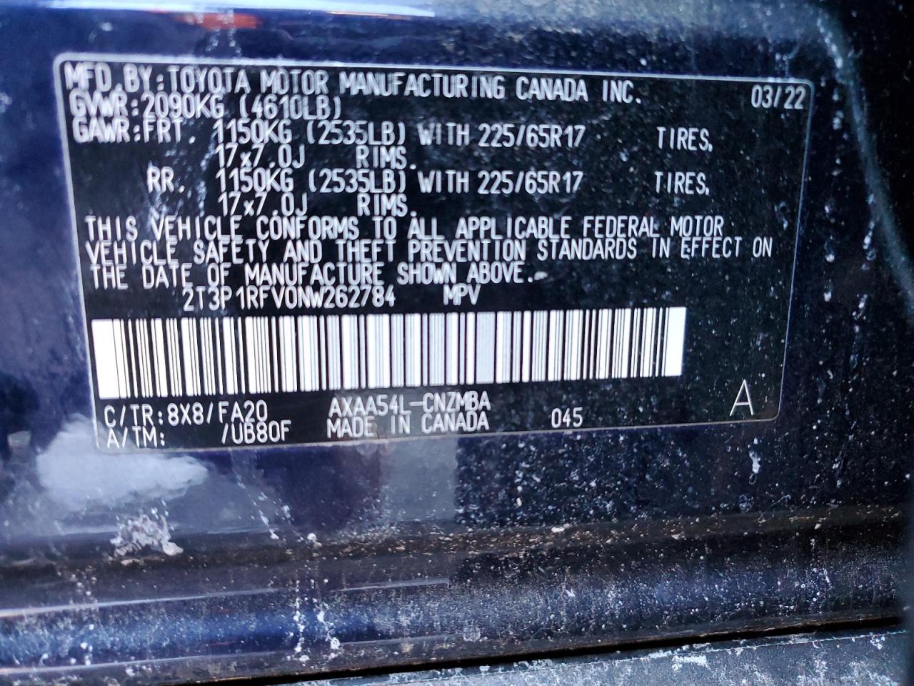2022 Toyota RAV 4 VIN 2T3P1RFV0NW262784 Copart auction photo, side damage thumbnail 15