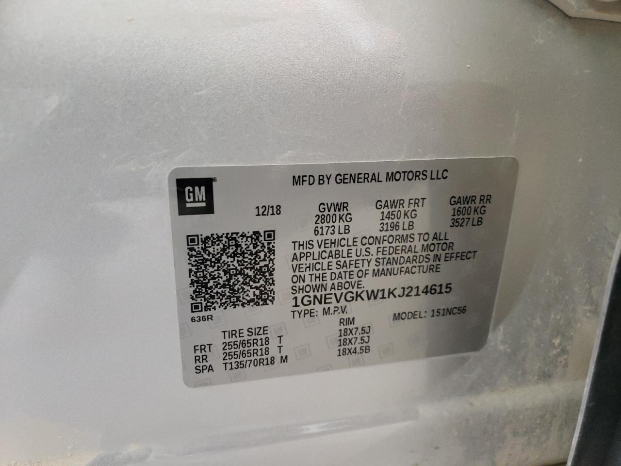 2019 Chevrolet Traverse VIN 1GNEVGKW1KJ214615 Copart auction photo, front end / rear end damage thumbnail 13