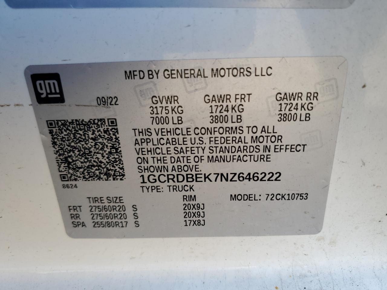 2022 Chevrolet Silverado VIN 1GCRDBEK7NZ646222 Copart auction photo, side damage thumbnail 12