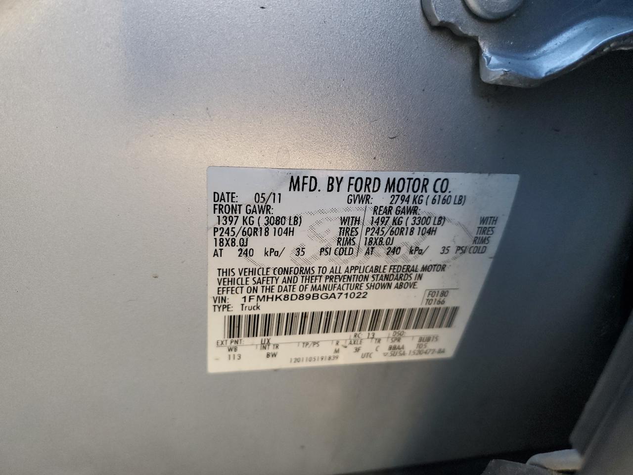 2011 Ford Explorer VIN 1FMHK8D89BGA71022 Copart auction photo, front end damage thumbnail 13