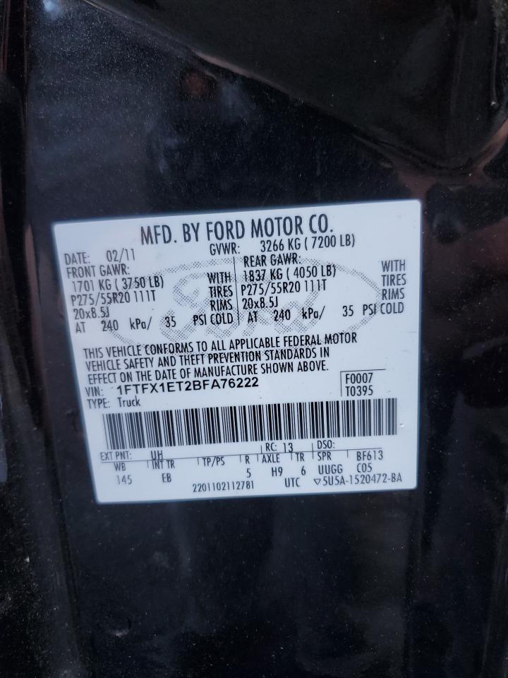 2011 Ford F-150 VIN 1FTFX1ET2BFA76222 Copart auction photo, rear end damage thumbnail 12