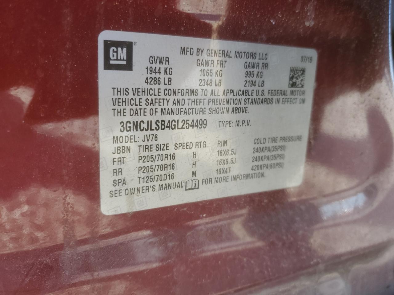 2016 Chevrolet Trax VIN 3GNCJLSB4GL254499 Copart auction photo, front end / side damage thumbnail 13