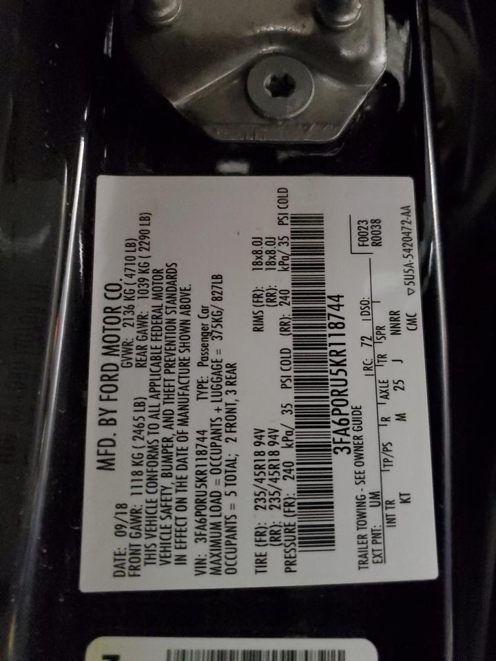 2019 Ford Fusion VIN 3FA6P0RU5KR118744 Copart auction photo, front end damage thumbnail 12