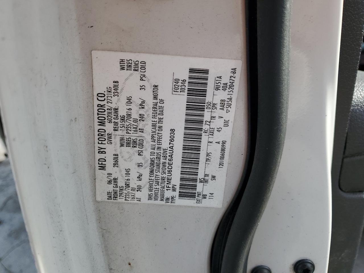 2010 Ford Explorer VIN 1FMEU6DE6AUA76038 Copart auction photo, front end / minor dent/scratches damage thumbnail 13