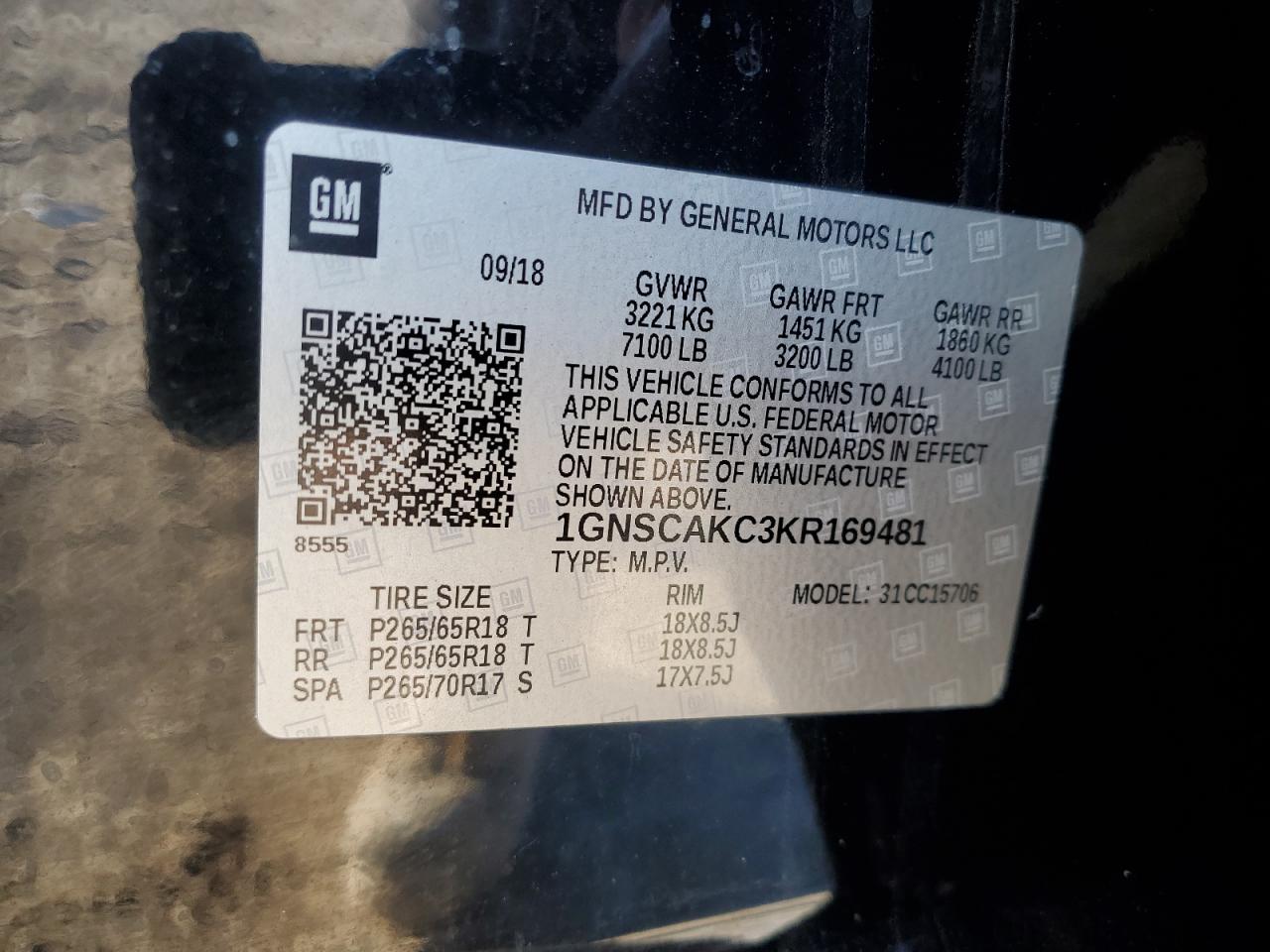 2019 Chevrolet Tahoe VIN 1GNSCAKC3KR169481 Copart auction photo, front end damage thumbnail 13