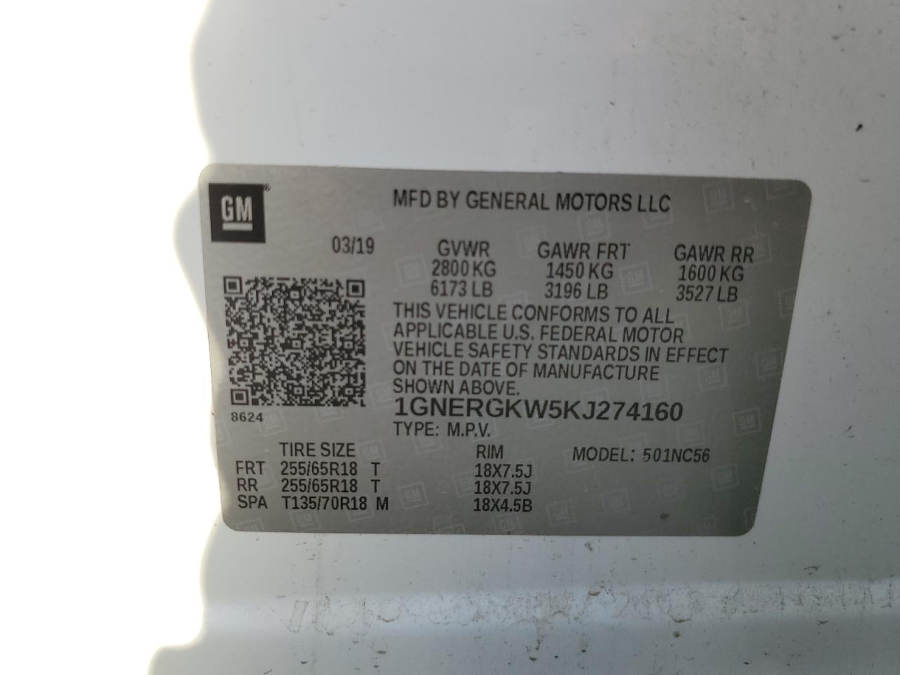 2019 Chevrolet Traverse VIN 1GNERGKW5KJ274160 Copart auction photo, vandalism damage thumbnail 13