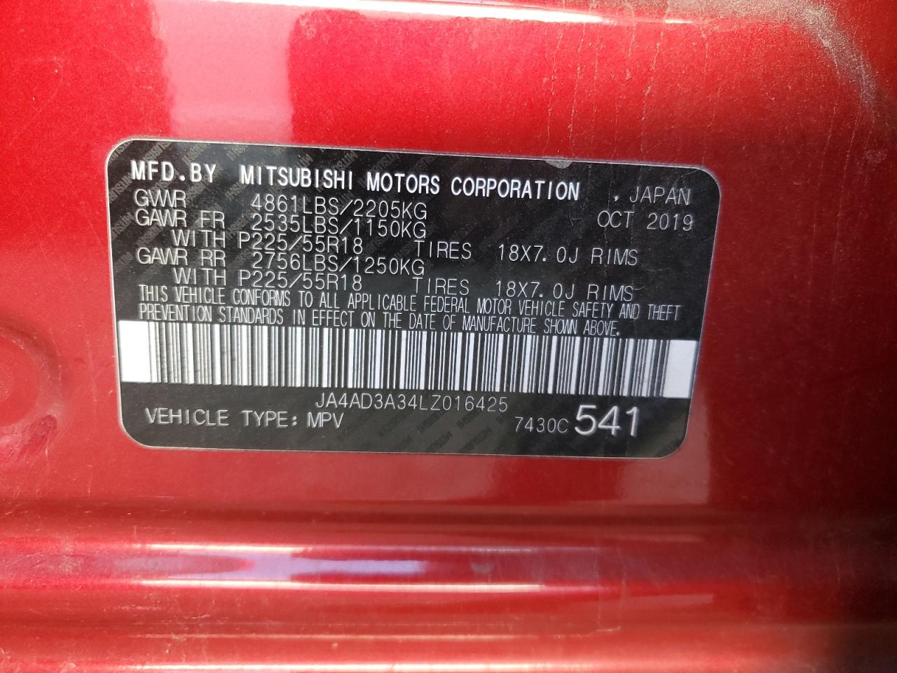 2020 Mitsubishi Outlander VIN JA4AD3A34LZ016425 Copart auction photo, front end damage thumbnail 14