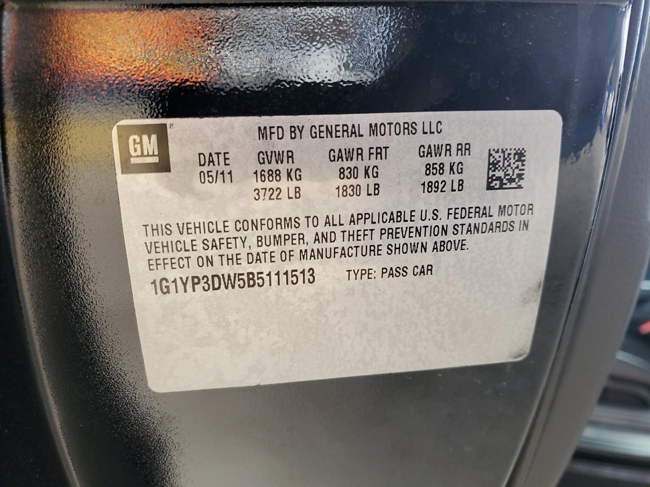 2011 Chevrolet Corvette VIN 1G1YP3DW5B5111513 Copart auction photo, water/flood damage thumbnail 12