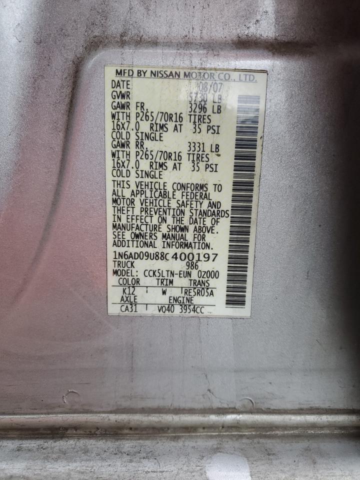 2008 Nissan Navara (Frontier) VIN 1N6AD09U88C400197 Copart auction photo, rear end damage thumbnail 12