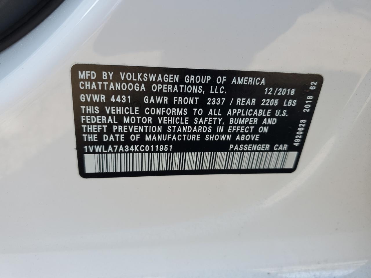 2019 Volkswagen Passat VIN 1VWLA7A34KC011951 Copart auction photo, front end / minor dent/scratches damage thumbnail 15