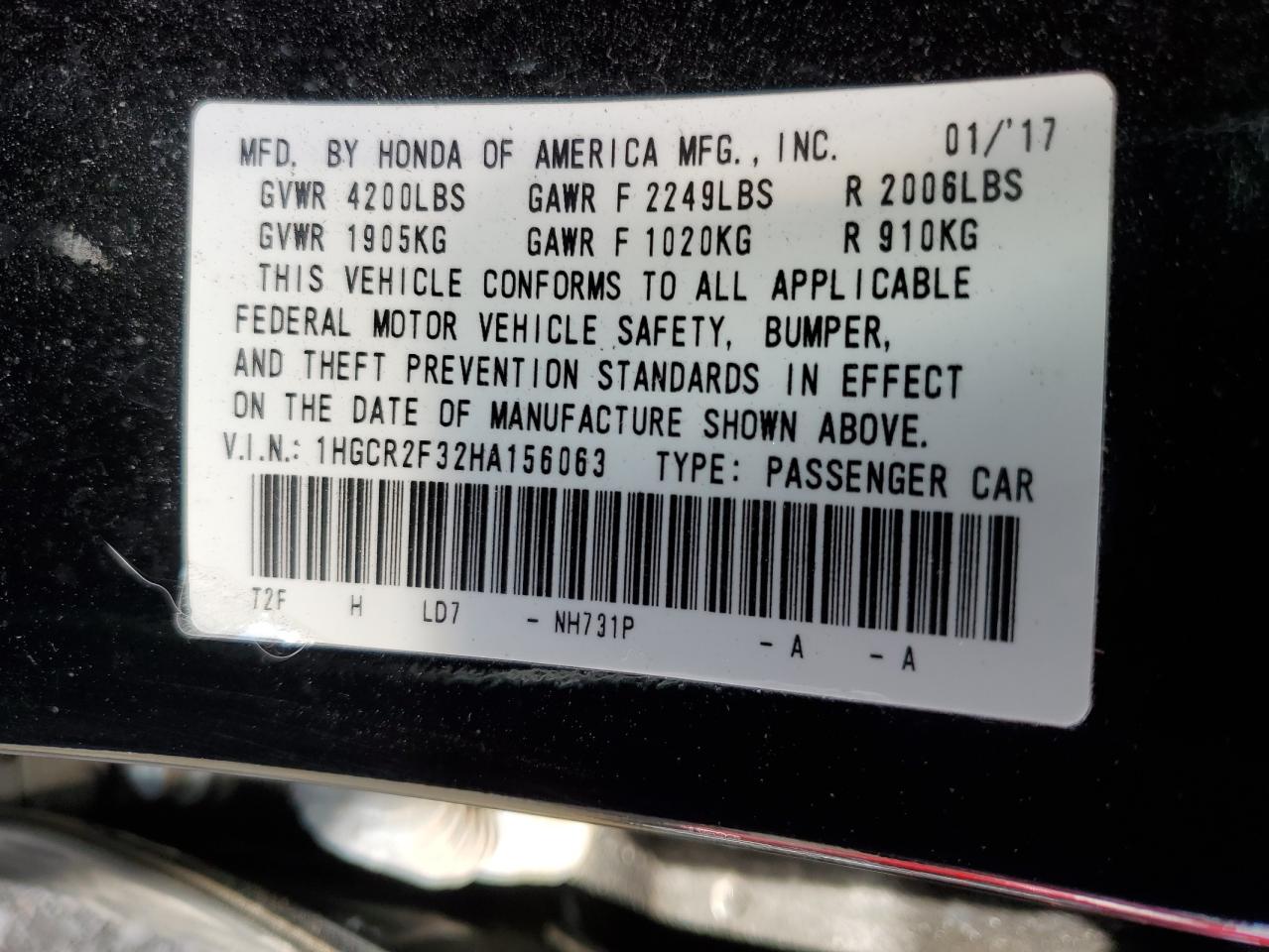 2017 Honda Accord VIN 1HGCR2F32HA156063 Copart auction photo, all over damage thumbnail 12