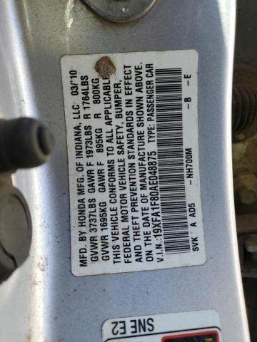 2010 Honda Civic VIN 19XFA1F80AE048875 Copart auction photo, front end / rear end damage thumbnail 12
