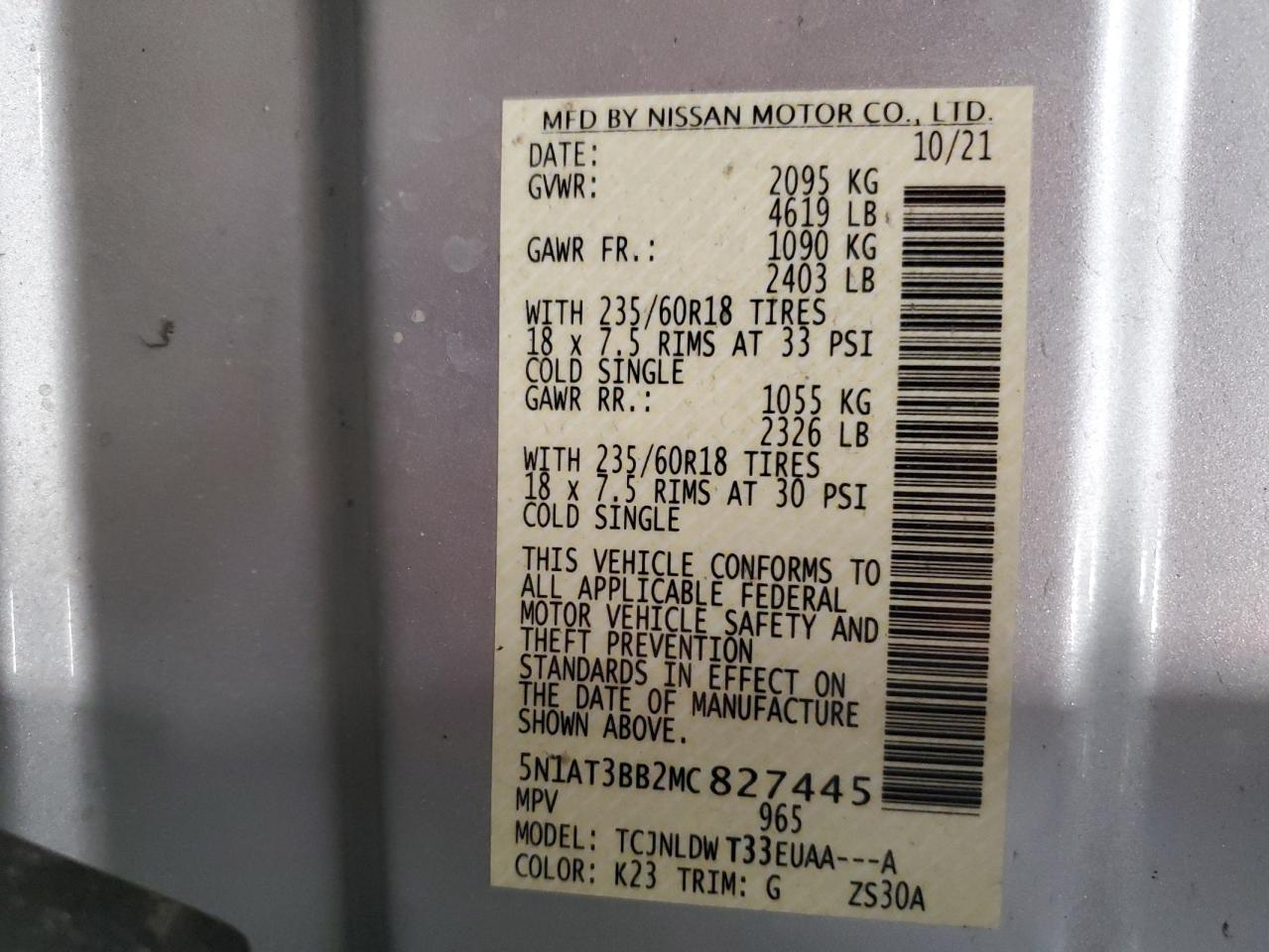 2021 Nissan Rogue VIN 5N1AT3BB2MC827445 Copart auction photo, front end / side damage thumbnail 14