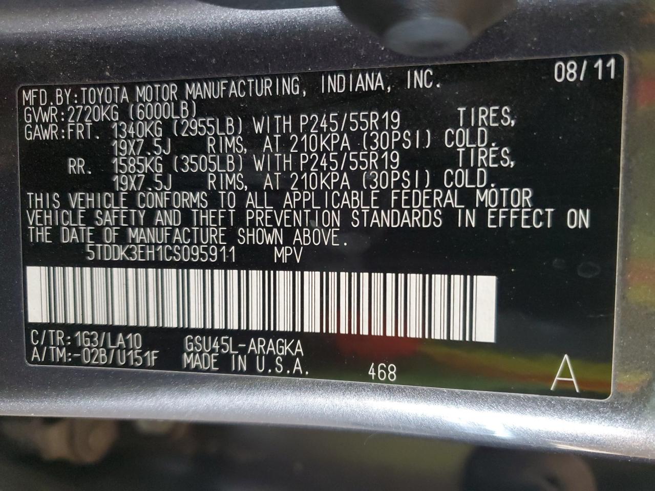 2012 Toyota Highlander VIN 5TDDK3EH1CS095911 Copart auction photo, front end / side damage thumbnail 15
